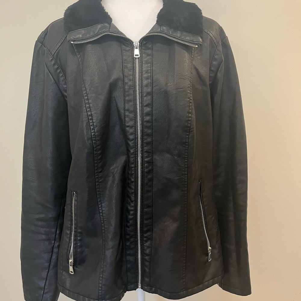 Black Faux Leather Jacket with Fur Collar